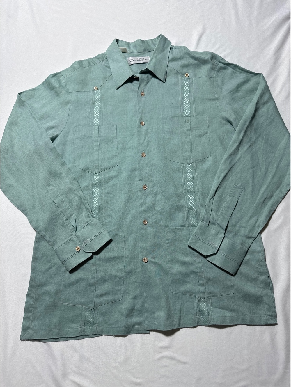 Oscar de la Renta Vintage Green Linen Button-Up Shirt - Size